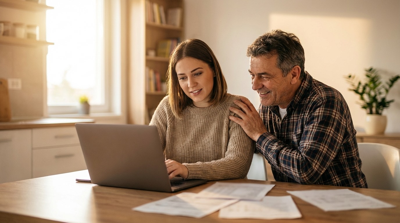 A borrower and cosigner reviewing loan documents together